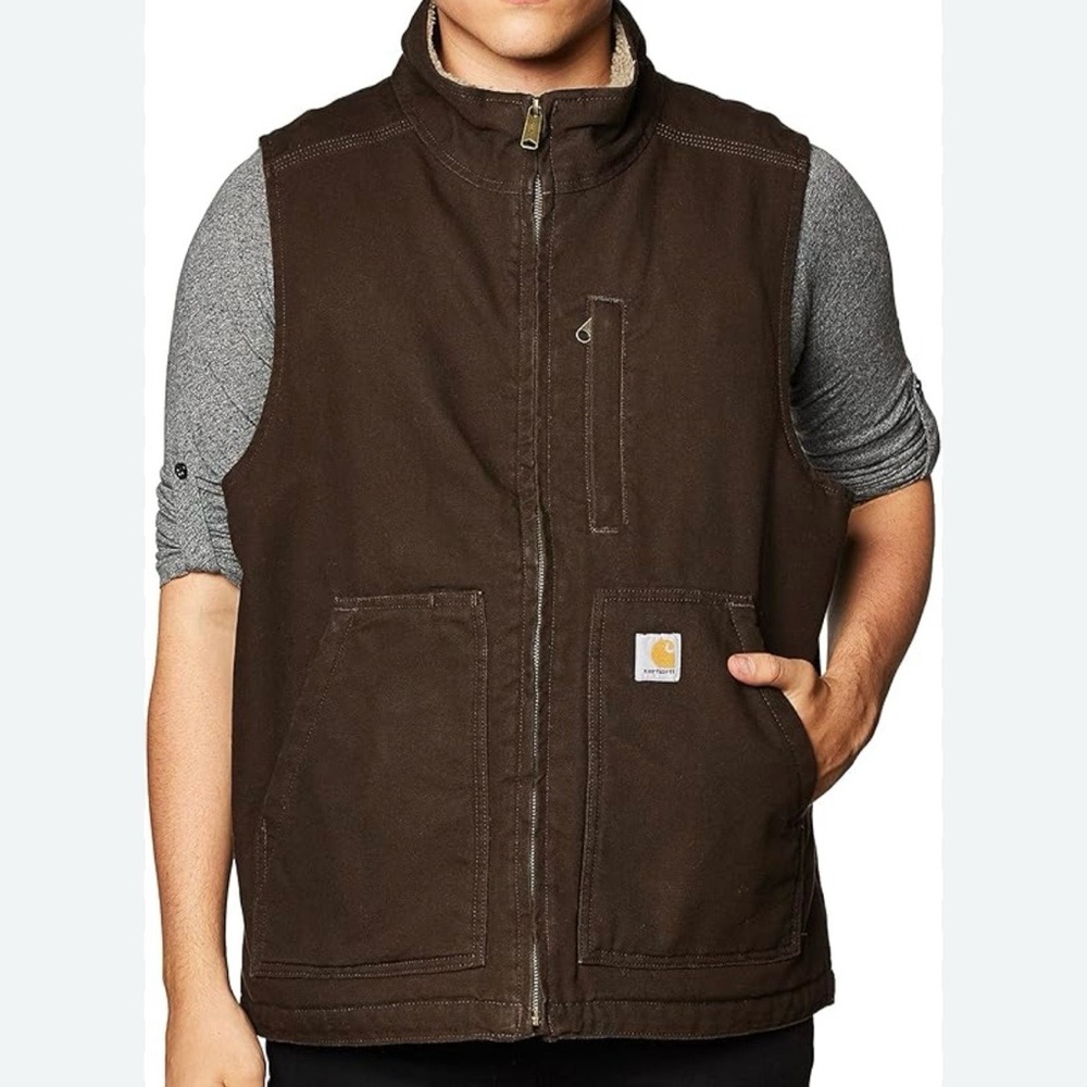 Carhartt Men’s Brown Cotton Duck Sherpa-Lined Mock-Neck Work Vest Size 2XL
